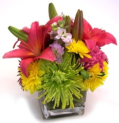 Bright Mixture of Blooms in Petite Glass Container from Boulevard Florist Wholesale Market