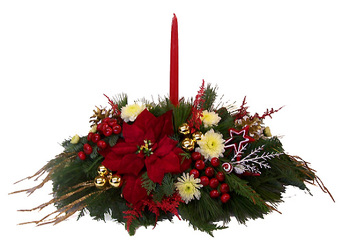 Christmas Centerpiece - Long & Low with 1 Candle from Boulevard Florist Wholesale Market
